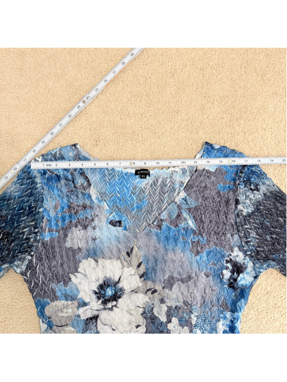KOMAROV Blue Gray Floral Pleated Charmeuse Cocktail Dress Lace Sleeve Size XL - Picture 12 of 15